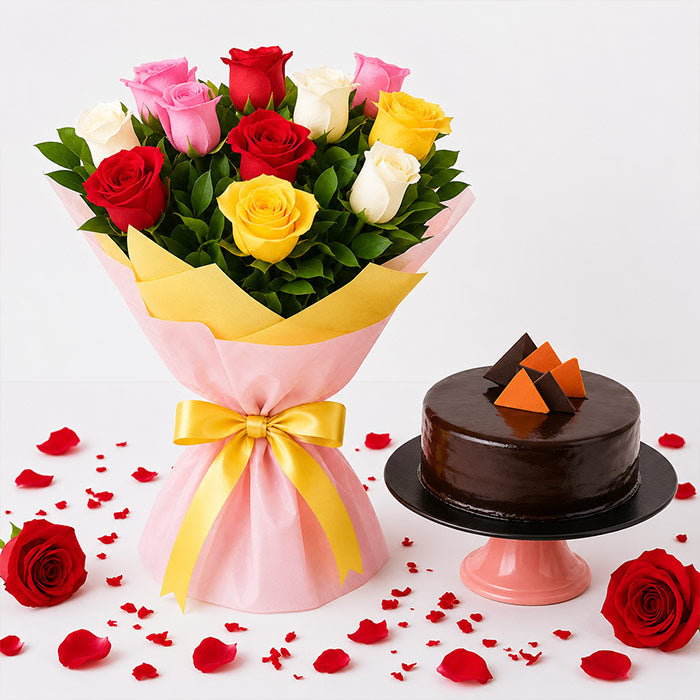 Bouquet of colorful roses with a chocolate cake on a white background