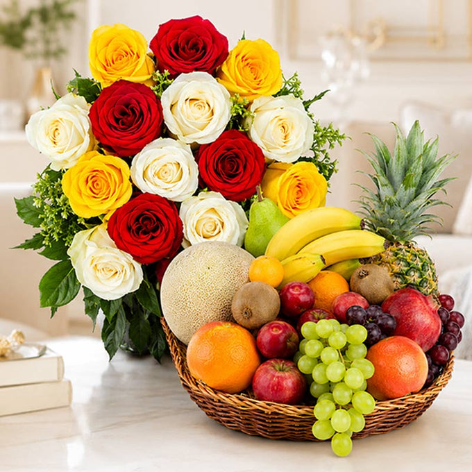 Mixed Roses Bouquet with 3kg Seasonal Fresh Fruit Basket - Flower Delivery in GiftsGhaziabad
