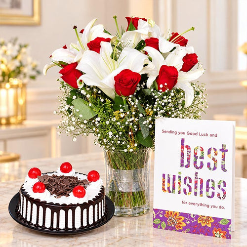 Roses & Oriental Lilies with Black Forest Cake