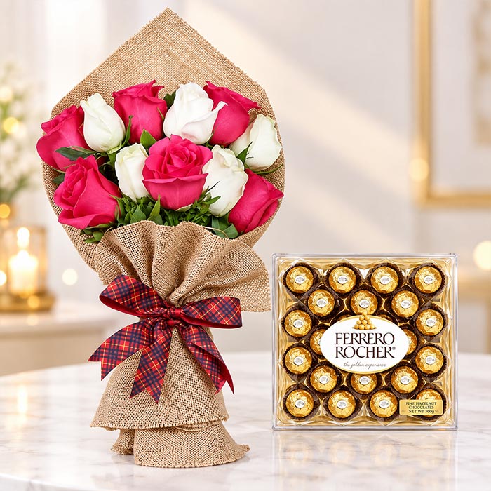 Roses with 24 Ferrero Rocher Box and 11 Roses - OyeGifts