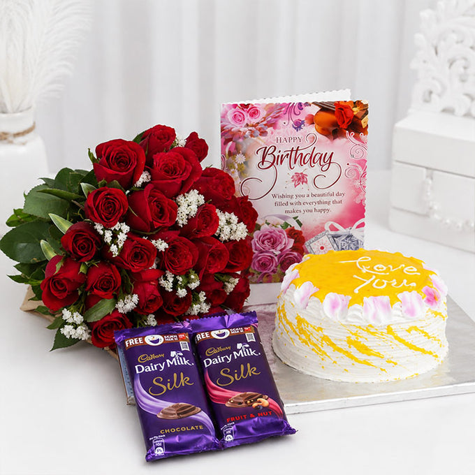 25 Red Roses Bunch with Half Kg Pineapple Cake & Cadbury Silk - Cake Delivery in Kalyani