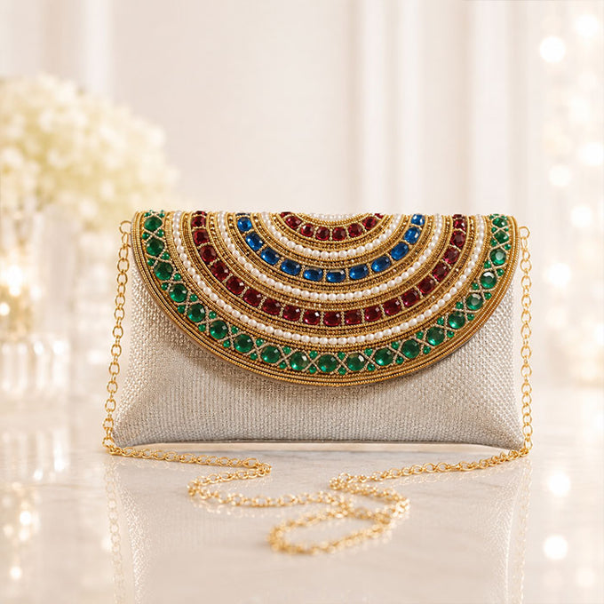 Royal Golden Beaded Clutch with Pearl & Gem Embellished Flap
