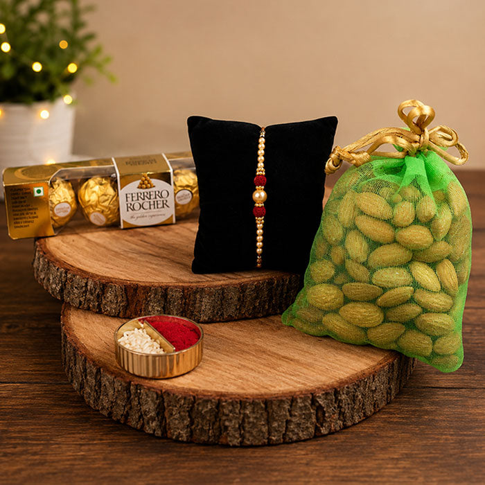 Rudraksha Beads Rakhi N Almond Ferrero Rocher Combo