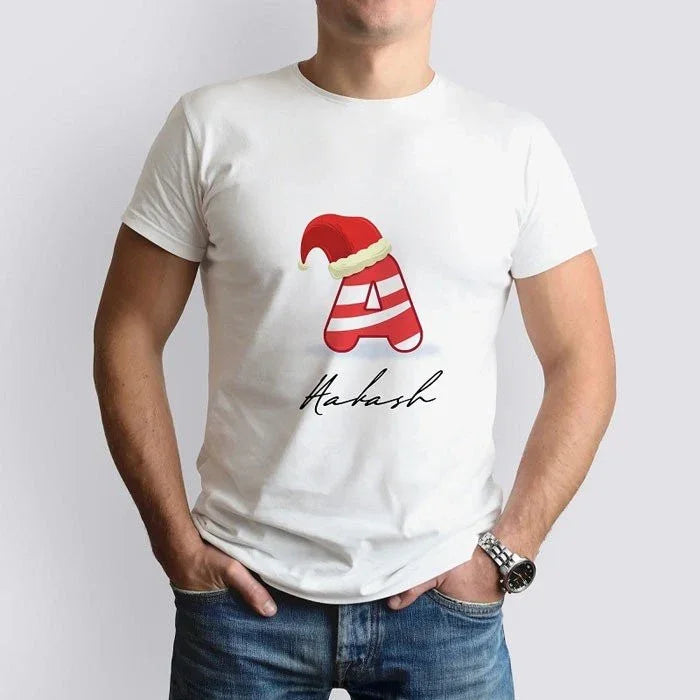 Person wearing a white t-shirt with a red and white striped hat graphic and 'Makash' text on a plain background
