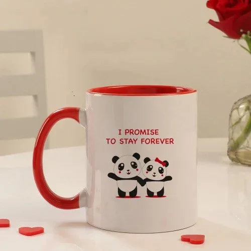White mug with red interior and handle, featuring panda design and text 'I Promise to Stay Forever' on a light background.