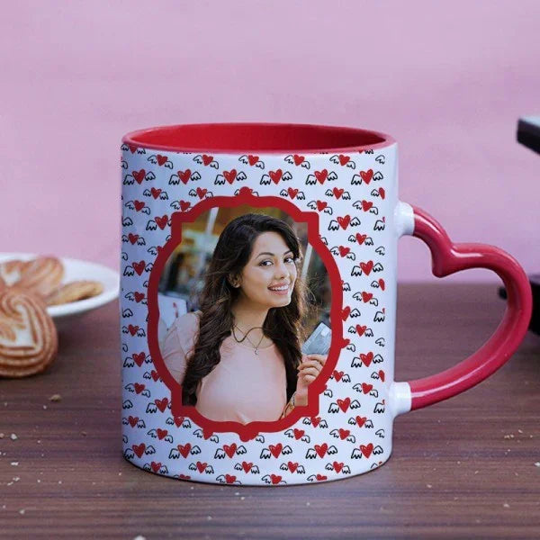 Heart Handle Inner Red Color Photo Mug