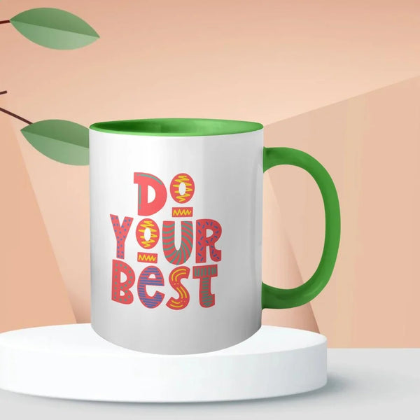 Mug with 'Do Your Best' text on a peach background