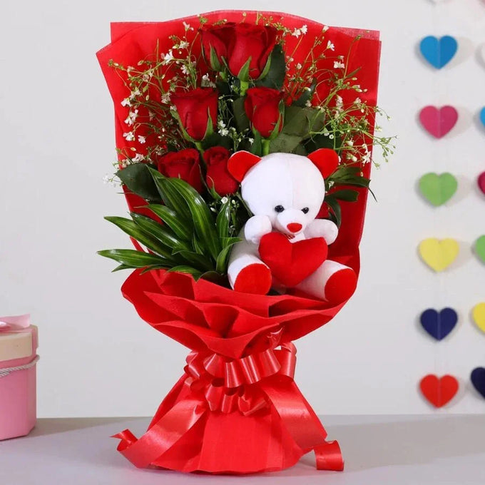 Bunch of 6 red roses N teddy bear arrangement - Anniversary Gift in Kalyani