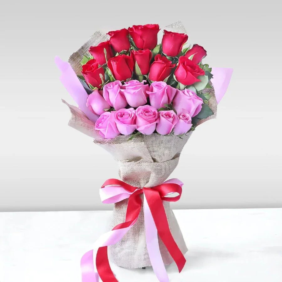 Bouquet of red and pink roses with a decorative ribbon on a white background