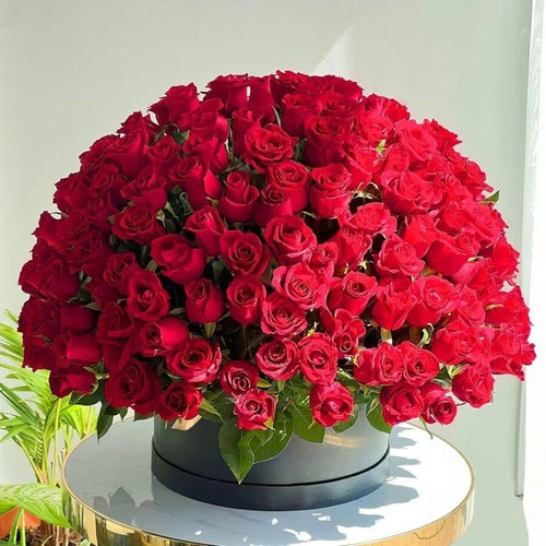 Bouquet of red roses in a black container on a white surface with a light gray background