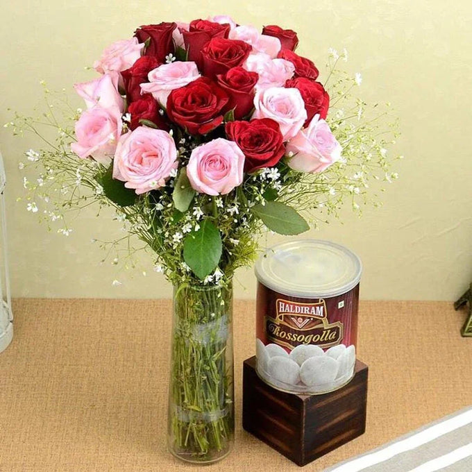 Red Pink Roses in Glass Vase with Rasgulla - Flower Delivery in GiftsGhaziabad
