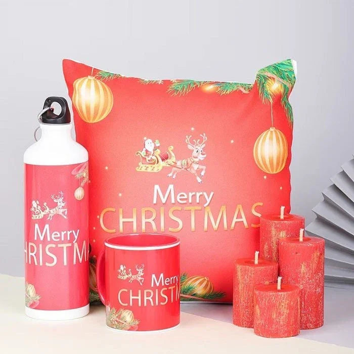 Christmas-themed products including a pillow, mug, water bottle, and candles on a light gray background.