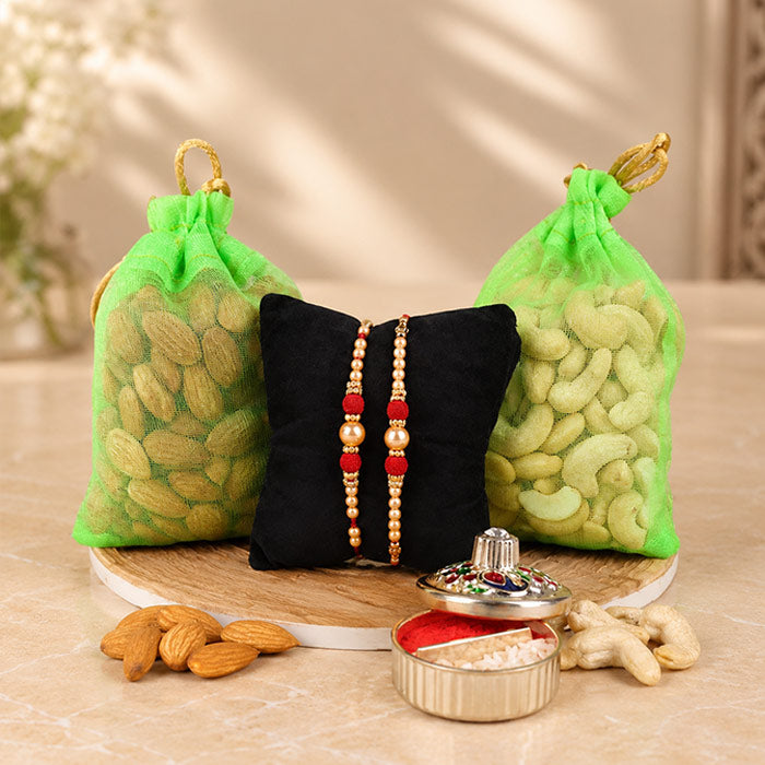 Set Of 2 Pearl Rakhi With Dry Fruits Combo