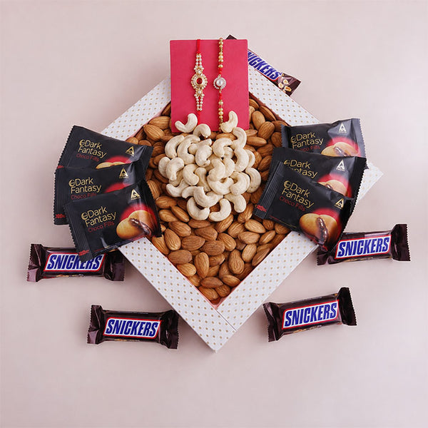 Set Of 2 Rakhi With Dryfruits Tray And Chocolates