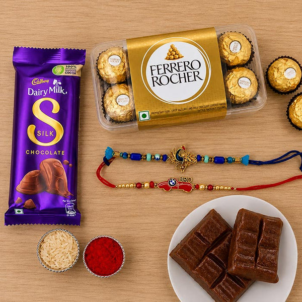 Set Of Peacock Rakhi And Car Rakhi With Ferrero Rocher