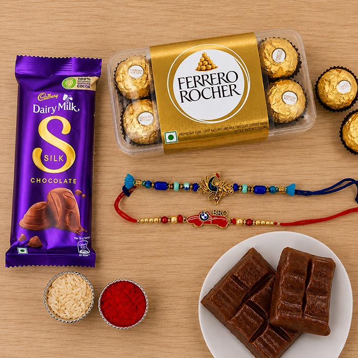 Set Of Peacock Rakhi And Car Rakhi With Ferrero Rocher