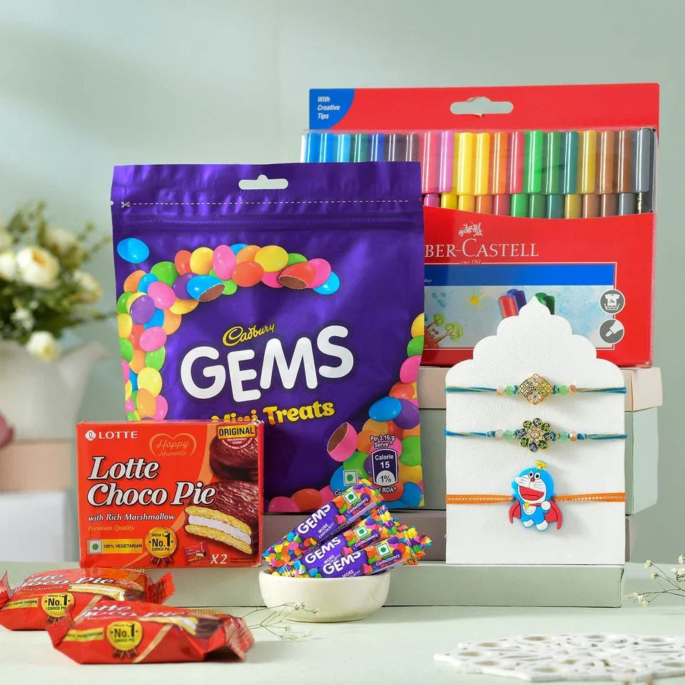 Assorted items including Cadbury Gems, Lotte Choco Pie, and colorful stationery on a table.