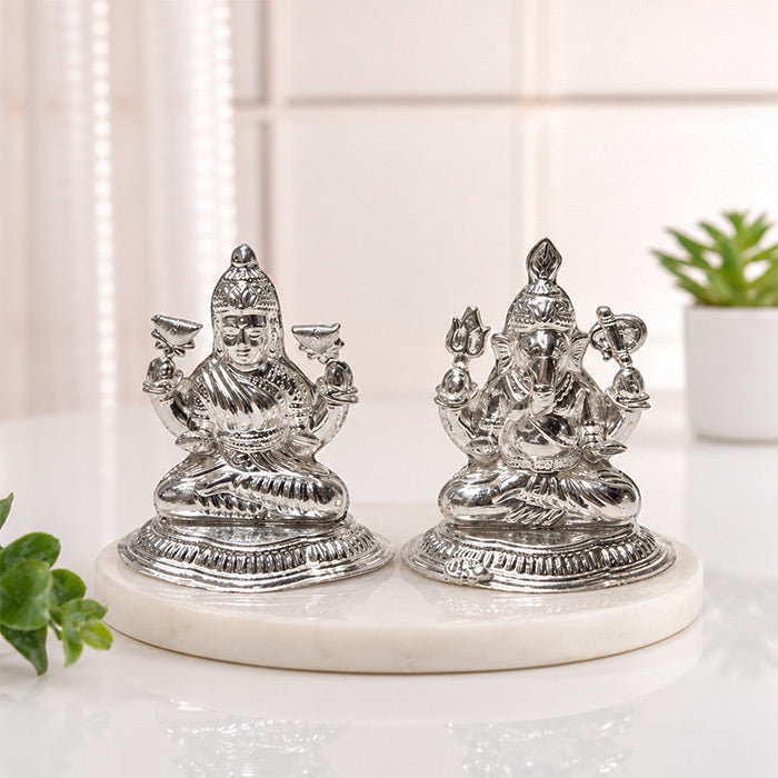 Silver Laxmi Ganesh Idol Set 2 x 2.6 x 1.2 Inches