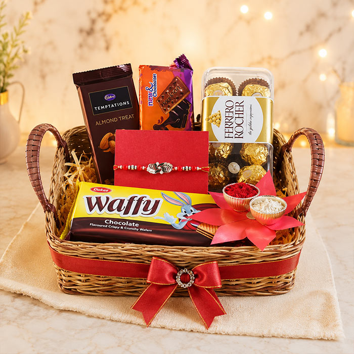 Silver Swastika Rakhi Basket with Ferrero Rocher & Cadbury Temptation