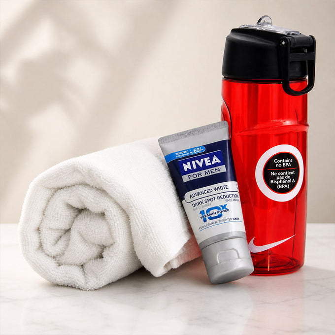 Nivea Cream with White Towel & Nike 375 ml Bottle Combo - Cosmetics for Men Gift for Men