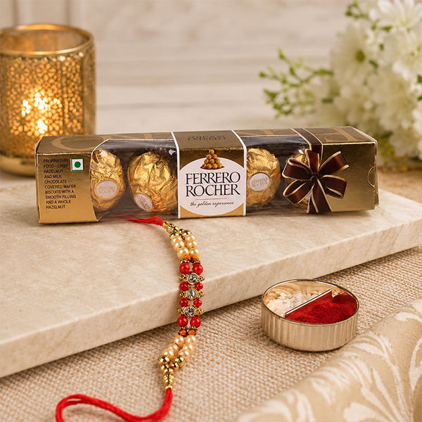 Single Pearl Rakhi With Ferrero Rocher Small 4 Pcs