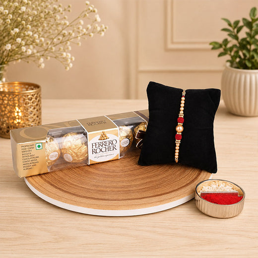 Single Valvet Pearl Rakhi With Small Ferrero Rocher 4 Pcs