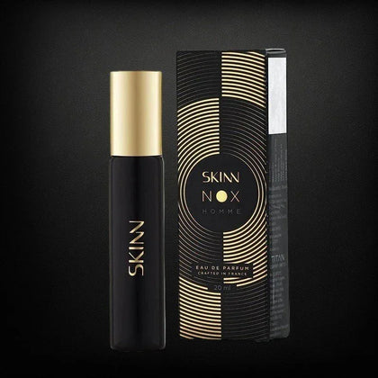 SKIN NOX Eau de Parfum bottle and packaging on a black background