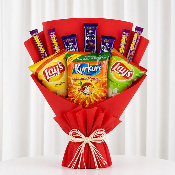 Snacks Bouquet with Cadbury Fruit & Nut Chocolates, Munch, Lay's & Kurkure