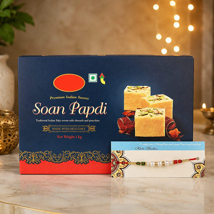 Soan Papdi (200g) with Single Pearl Rakhi Gift Combo