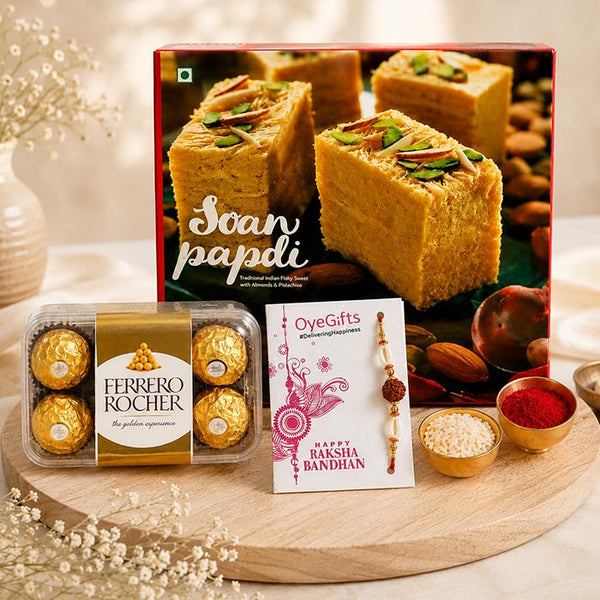 Soan Papdi with 16 Ferrero Rocher and Rakhi Gift Box