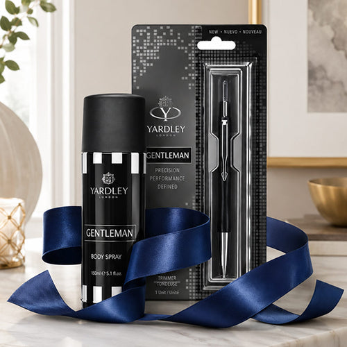 Yardley Gentleman body spray and trimmer set with blue ribbon on a neutral background