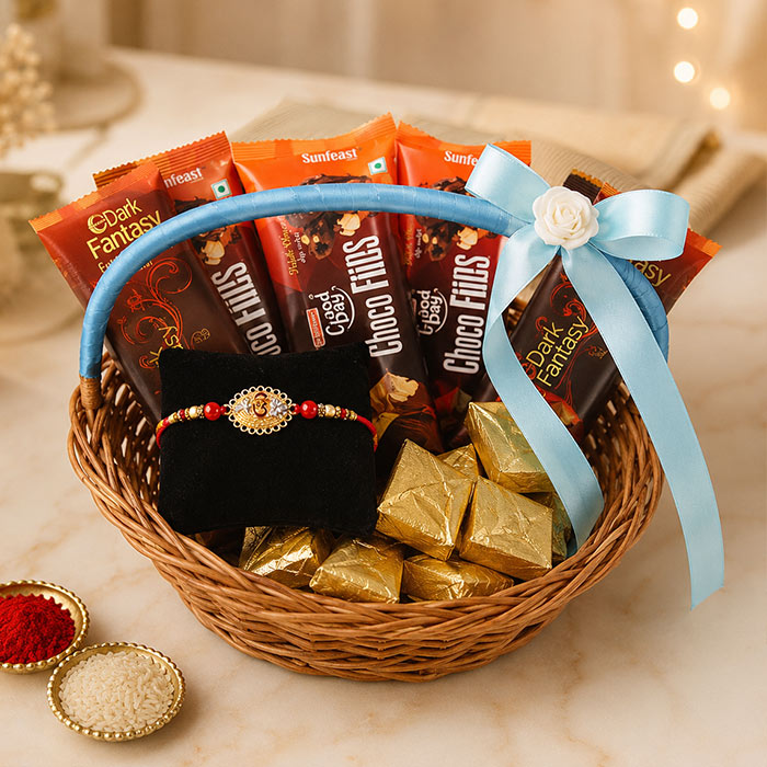 Stone Studded OM Rakhi with Chocolate Cookies Basket