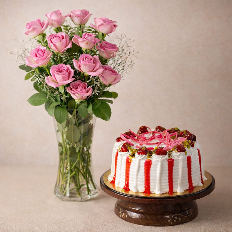 Strawberry Cake With Dozen Pink Roses In A Glass Vase