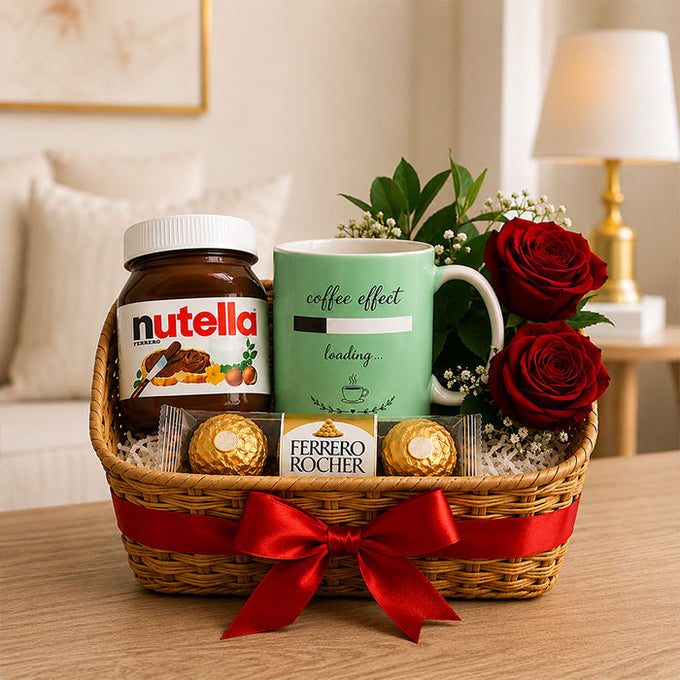 Sweet Moments Gift Hamper – Nutella, Mug & Ferrero Rocher & White Rose