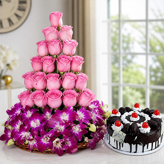 18 Pink Roses, Orchids & Chocolate Cake Gift - Orchids Gift for Men