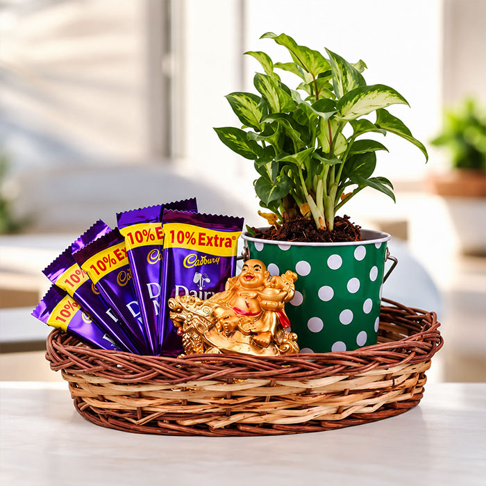 Syngonium Plant Basket with 5 Dairy Milk Chocolates & Golden Laughing Buddha