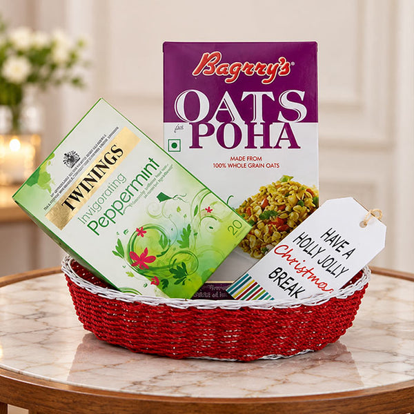 Tea Bags & Oats Poha Gift Basket with Christmas Tag