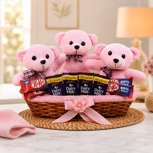 3 Pink Teddy Chocolate Basket with Chocolates | OyeGifts
