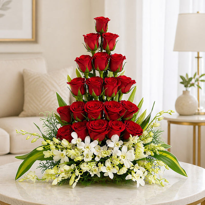 Red Roses Arrangement with White Orchids and Green Leaves - Flower Delivery in GiftsGhaziabad