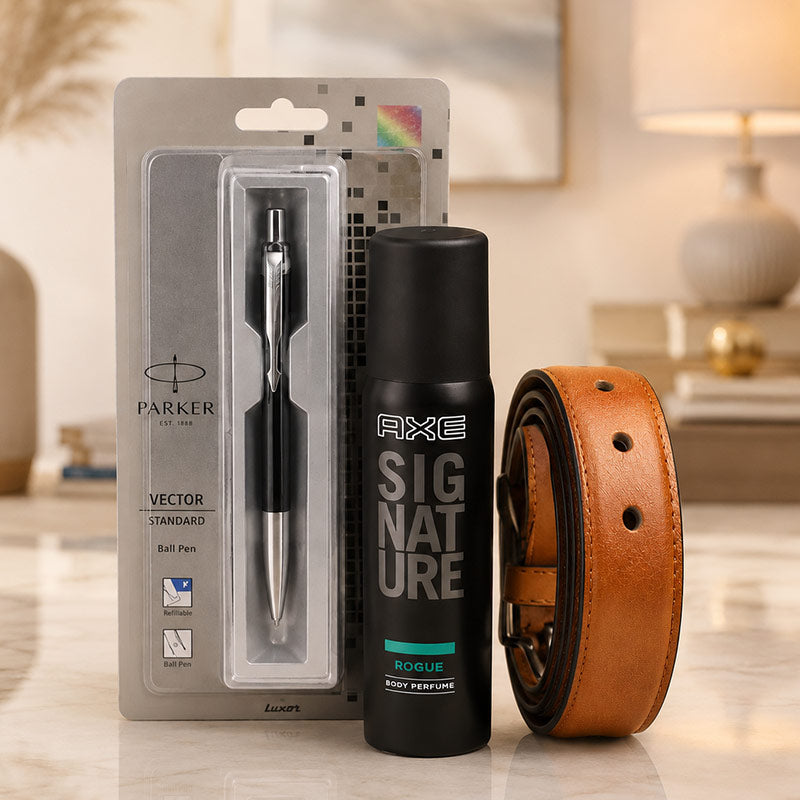Parker pen, Axe body perfume, and brown belt on a surface with a blurred indoor background