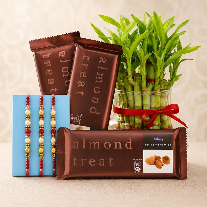 Cadbury Temptations almond treat chocolate bars with a bamboo plant and beaded necklace on a beige background
