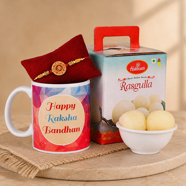 Traditional Rakhi with Printed Mug & 1 Kg Haldiram Rasgulla Combo