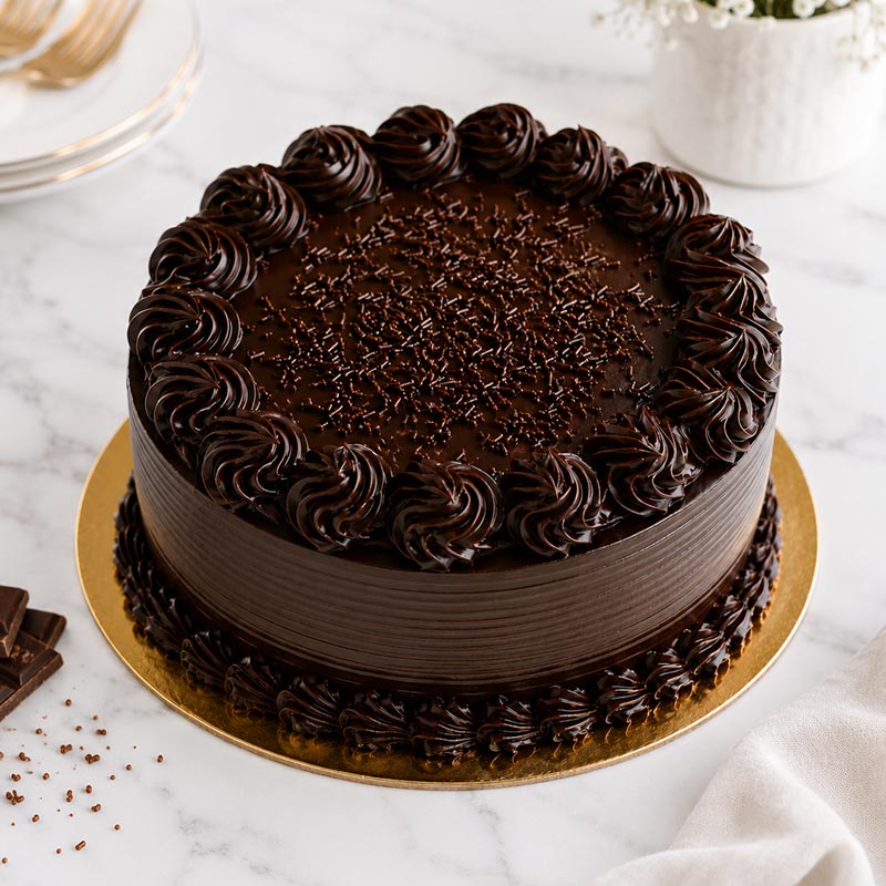 Chocolate cake with swirls on a marble surface