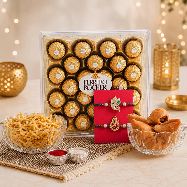 Two Auspicious Golden Rakhi With Sweets And Snacks