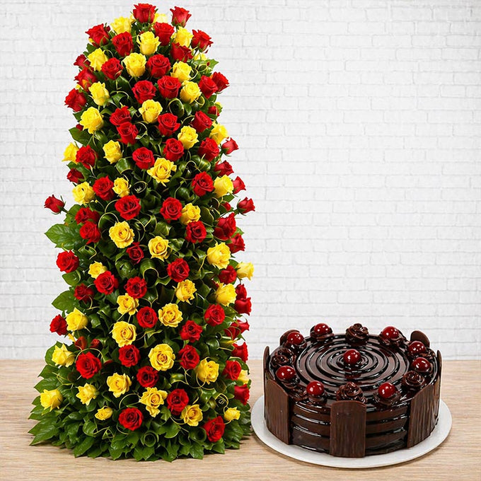 100 Red & Yellow Rose Standing Arrangement with Half Kg Chocolate Cake - Flower Delivery in GiftsGhaziabad