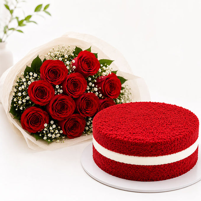 Red Velvet Cake with 10 Red Roses Bouquet - Cake Delivery in Kalyani