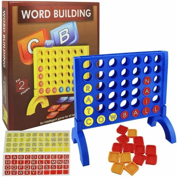 Word building game with letter tiles and packaging on a white background