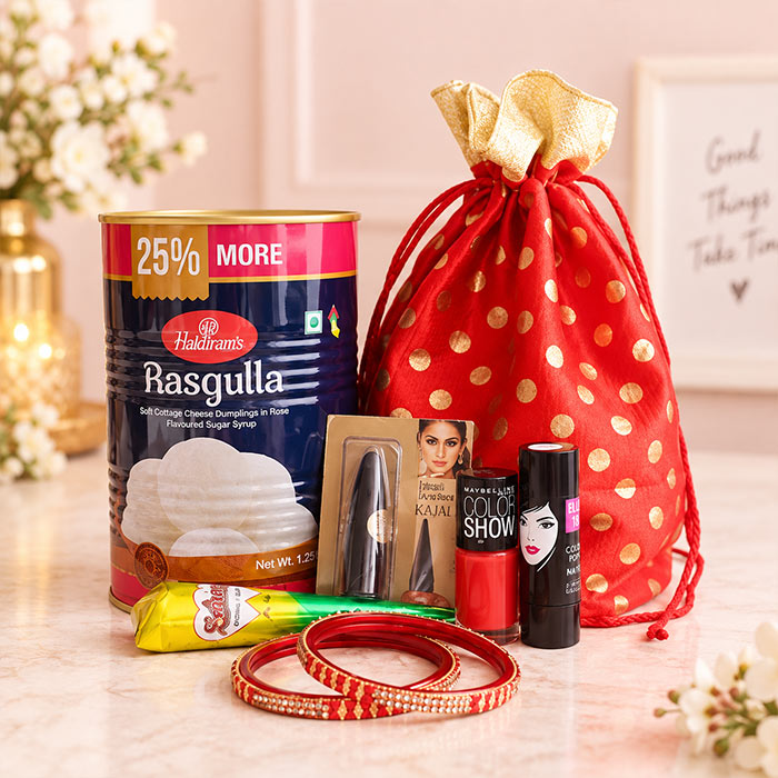 Women's Beauty Gift Hamper with Haldiram's Rasgulla & Designer Potli