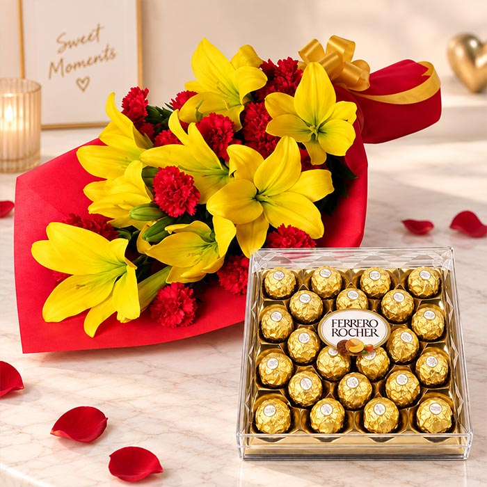 Yellow Lilies with 16 Red Carnations & 300gm Ferrero Rocher Box