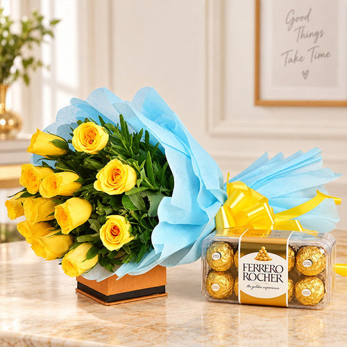 Yellow Rose Bouquet with 16 Ferrero Rocher Chocolates